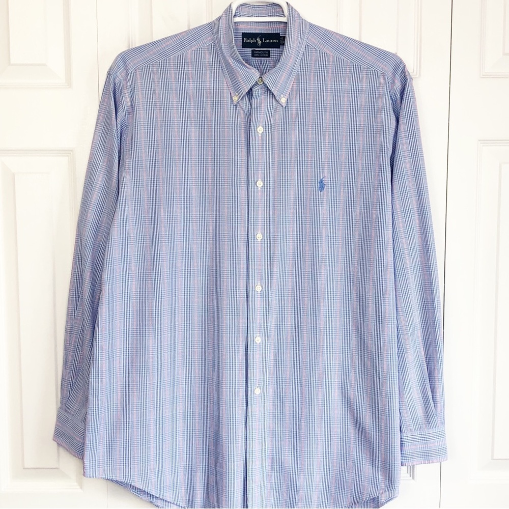 Ralph Lauren Light Blue & Pink Plaid Cotton Yarmouth Dress Shirt 16.5